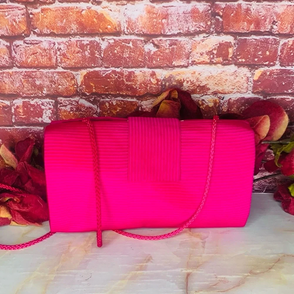 Hot Pink Ribbed Convertible Satin Clutch